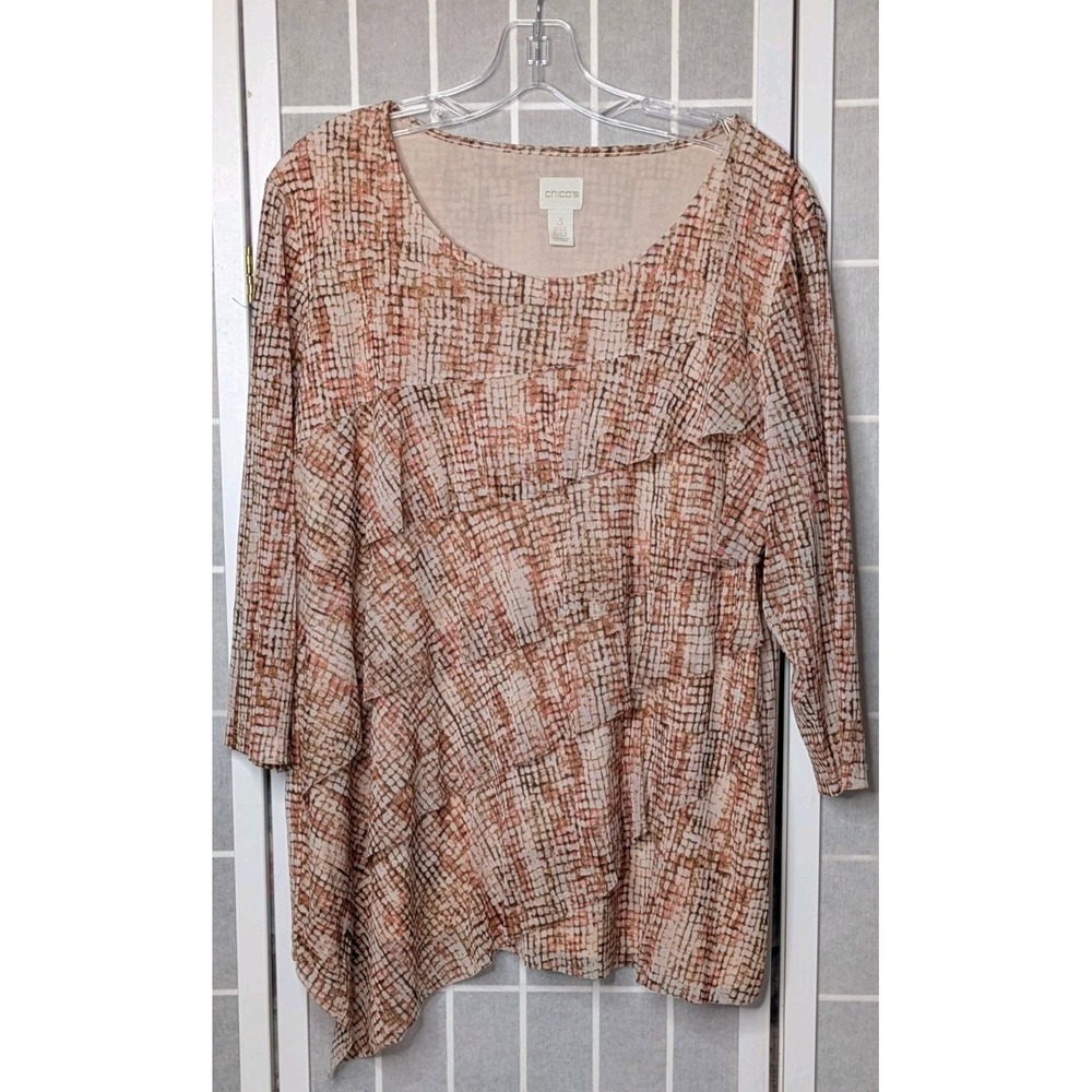 Chicos Women's‎ Blouse Size 3 (XL 14-16) Asymmetric 3/4 Sleeves Scoop Neck Flowy